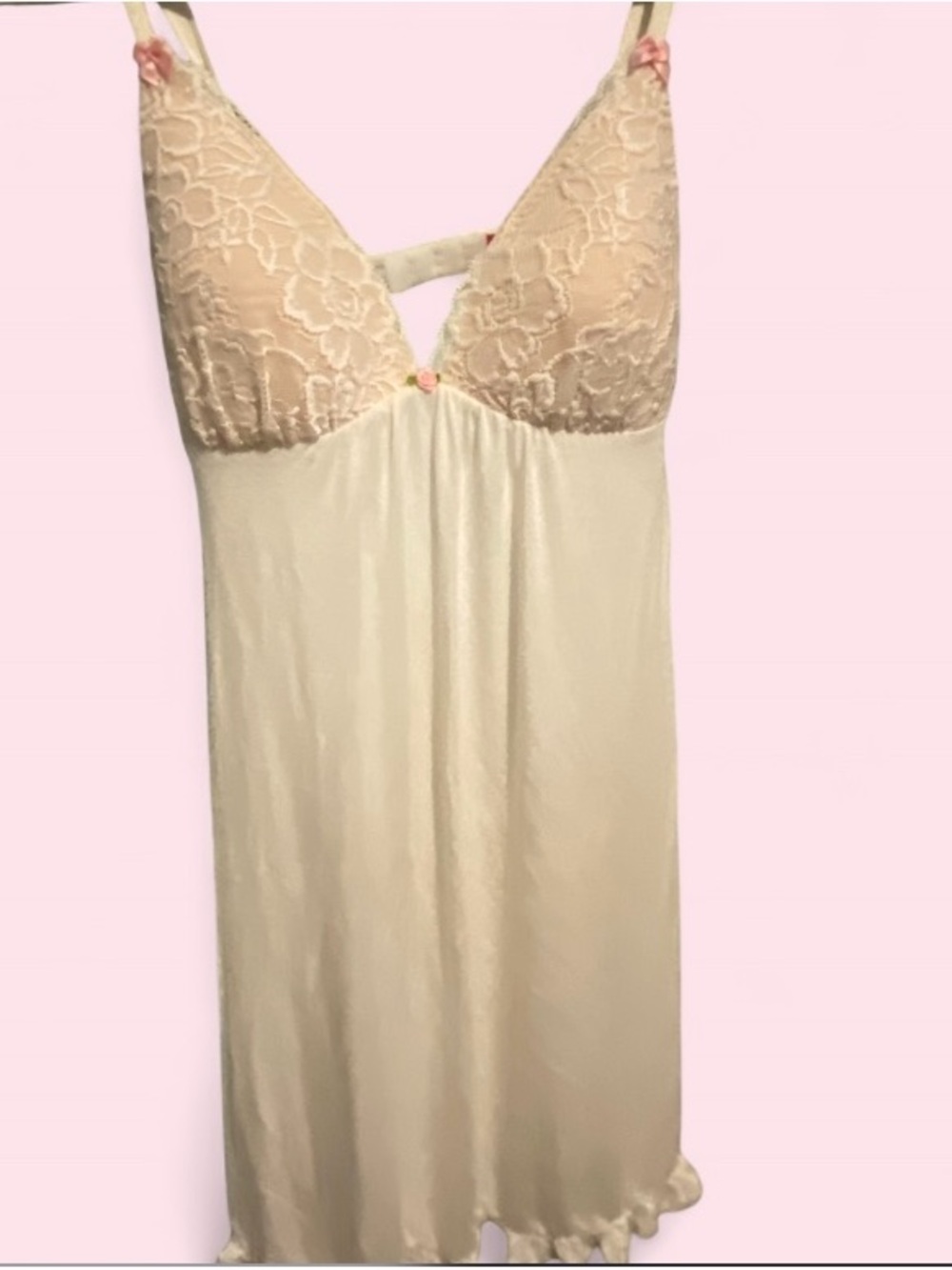 Ivory Lace-Top Chemise with Pink Bow Accents